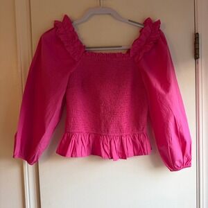 The Drop Pink Smocked Ruffle Square Neck Peplum Blouse Top Size S‎